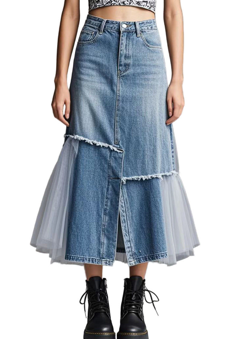 Kvinnors Jeanskjol med Tyll och Patchworkdesign 0