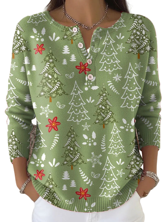 Kvinnors Jultröja Med Knappdetaljer Och Jultryck 0