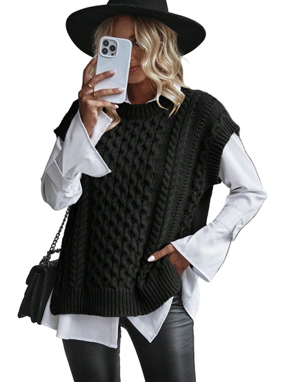 Kvinnors Kabelstickad Sweater Vest Löst Sittande 0
