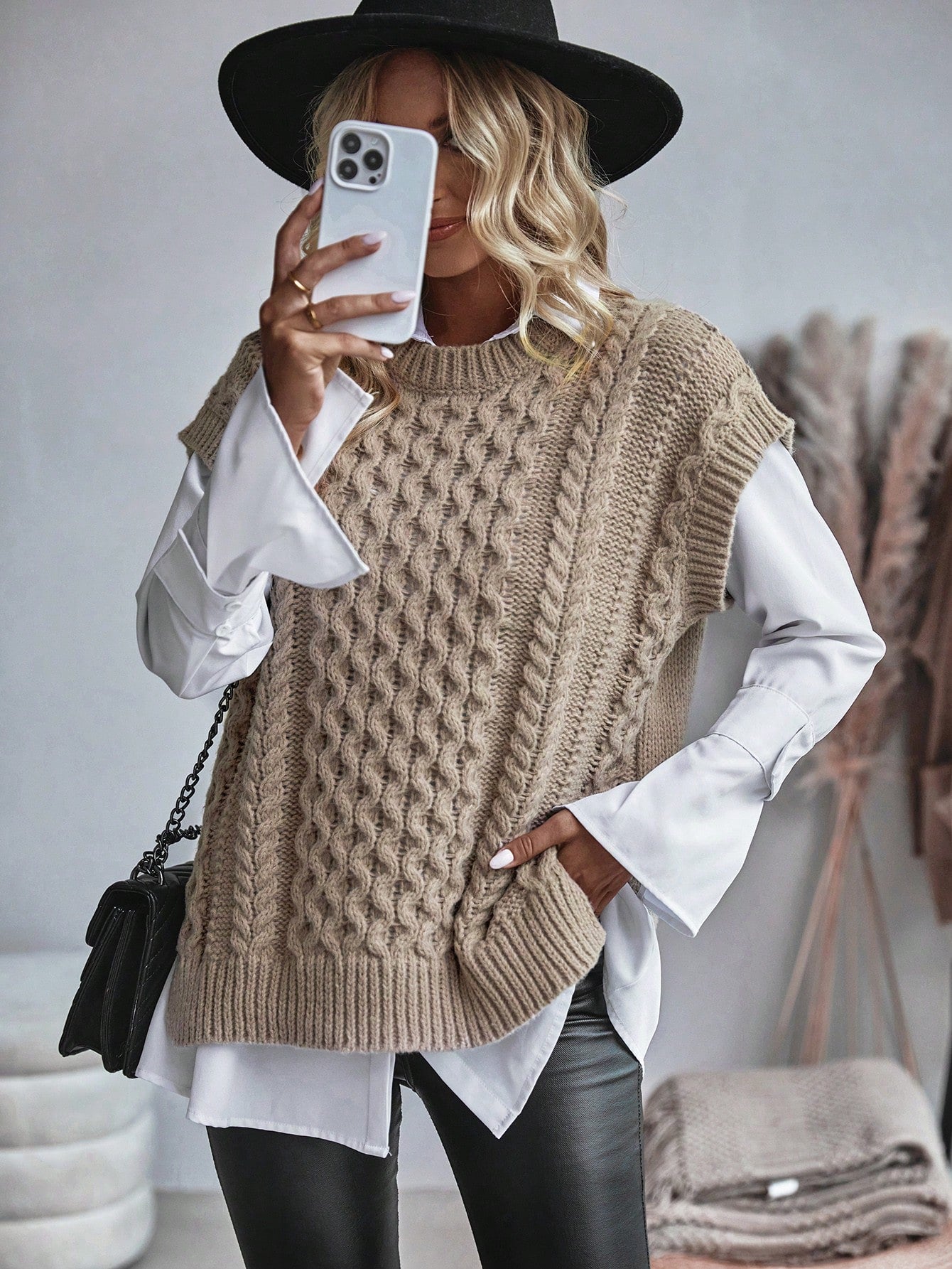 Kvinnors Kabelstickad Sweater Vest Löst Sittande 1