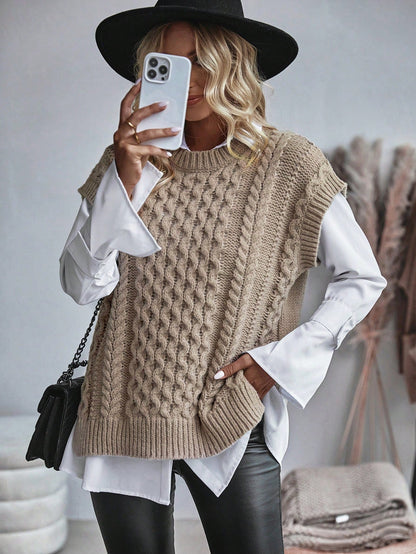 Kvinnors Kabelstickad Sweater Vest Löst Sittande 1