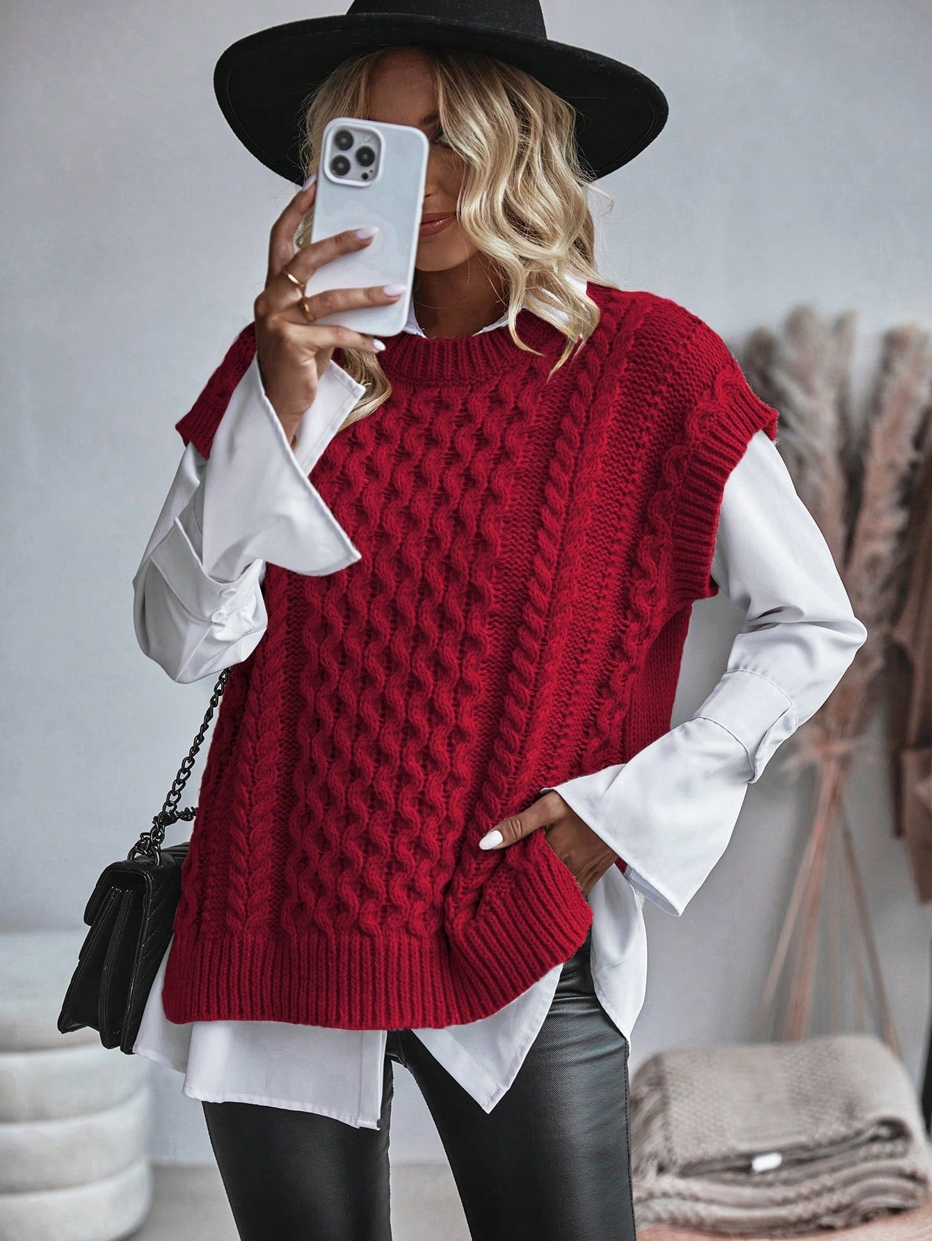 Kvinnors Kabelstickad Sweater Vest Löst Sittande 10