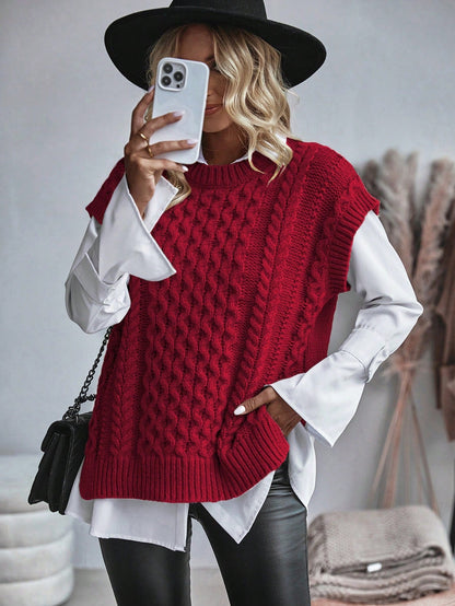 Kvinnors Kabelstickad Sweater Vest Löst Sittande 10