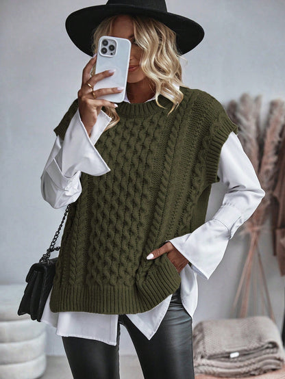 Kvinnors Kabelstickad Sweater Vest Löst Sittande 3