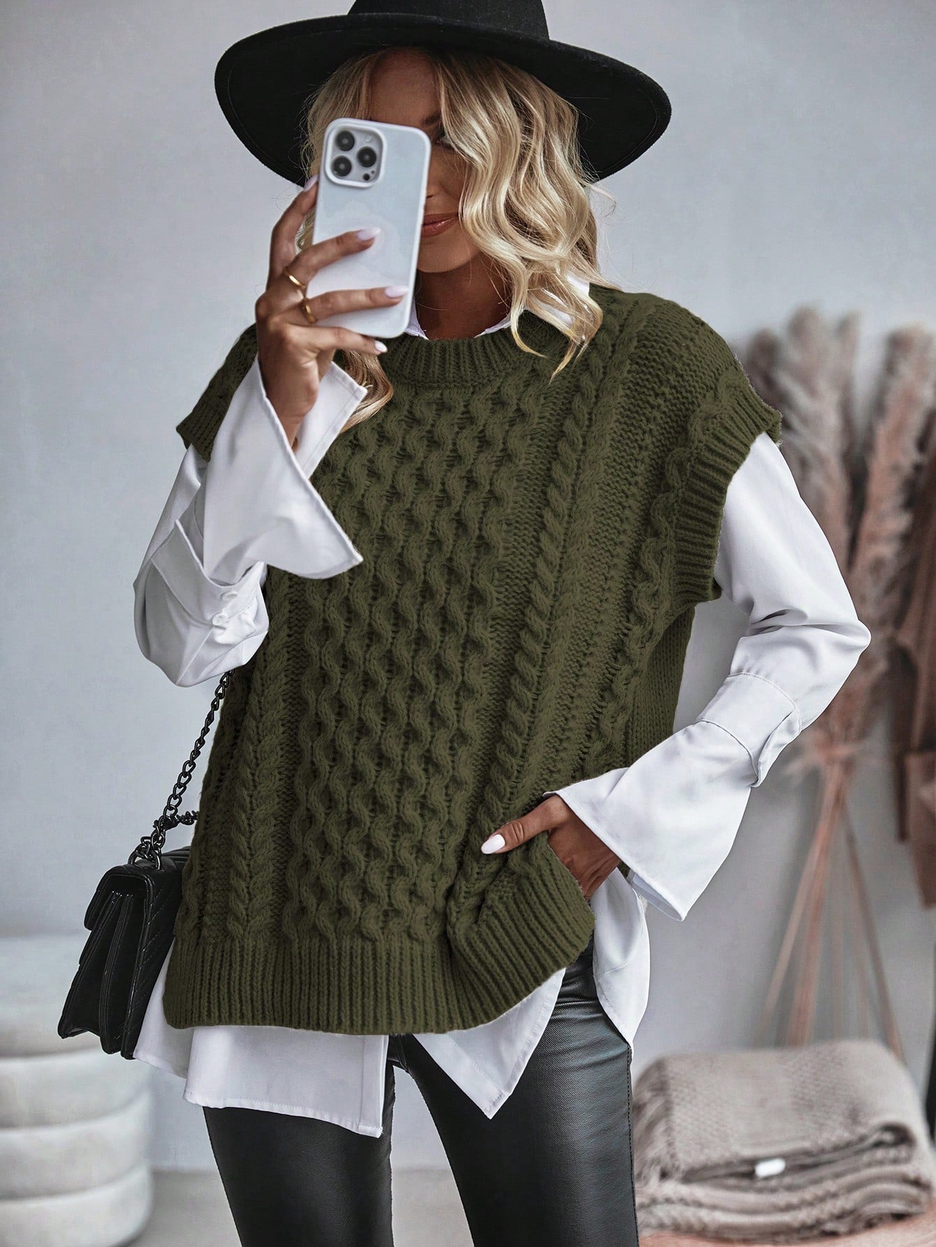 Kvinnors Kabelstickad Sweater Vest Löst Sittande 3