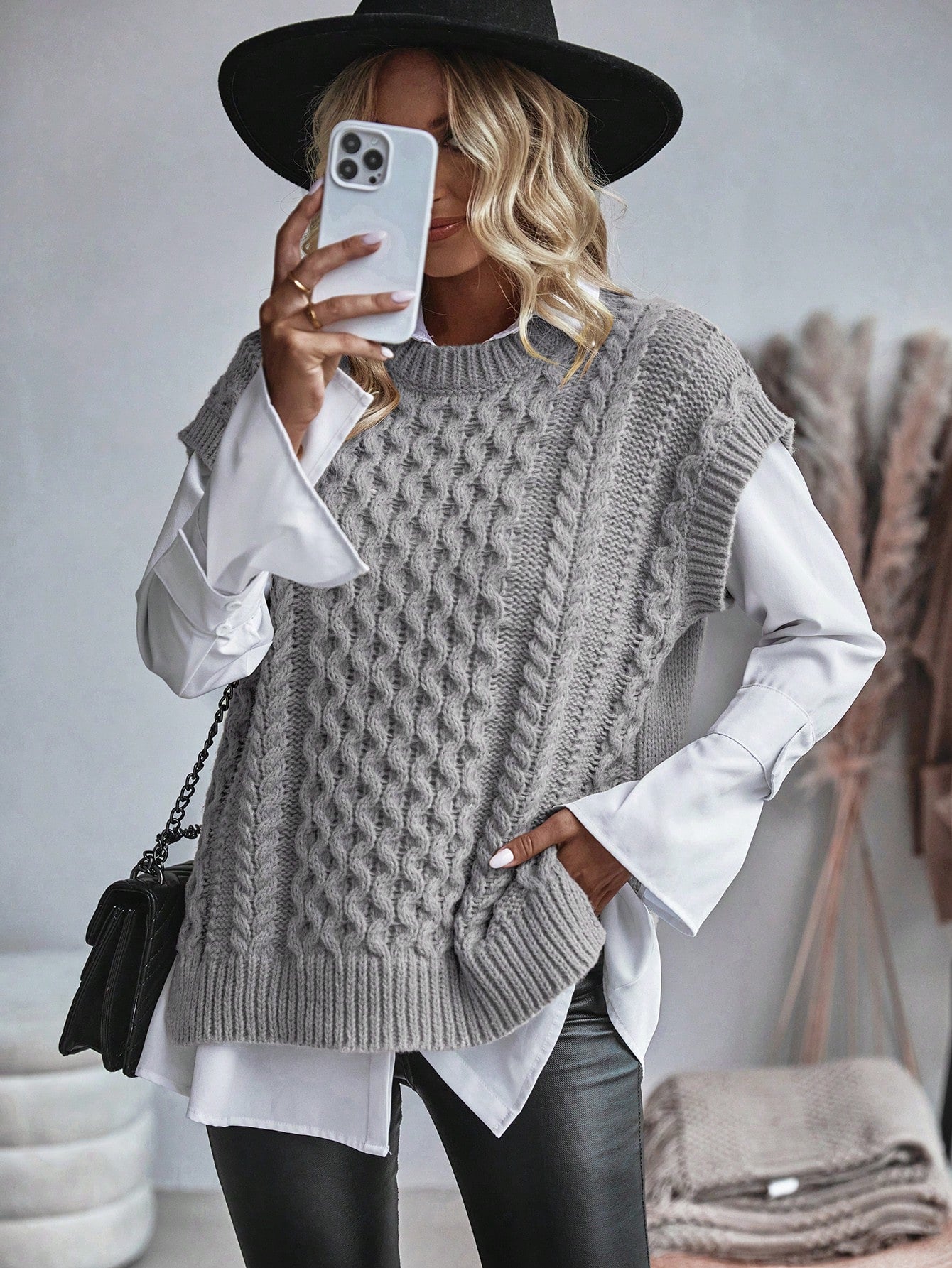 Kvinnors Kabelstickad Sweater Vest Löst Sittande 4
