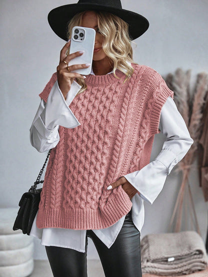 Kvinnors Kabelstickad Sweater Vest Löst Sittande 6