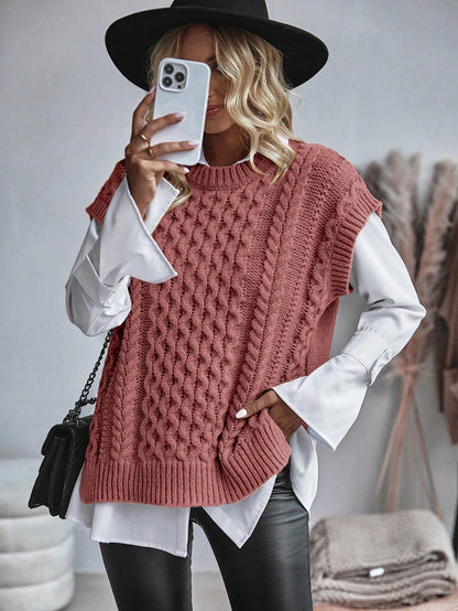Kvinnors Kabelstickad Sweater Vest Löst Sittande 7