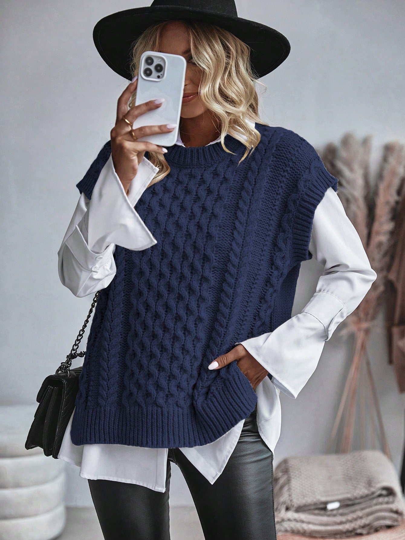 Kvinnors Kabelstickad Sweater Vest Löst Sittande 8