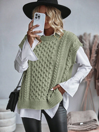Kvinnors Kabelstickad Sweater Vest Löst Sittande 9