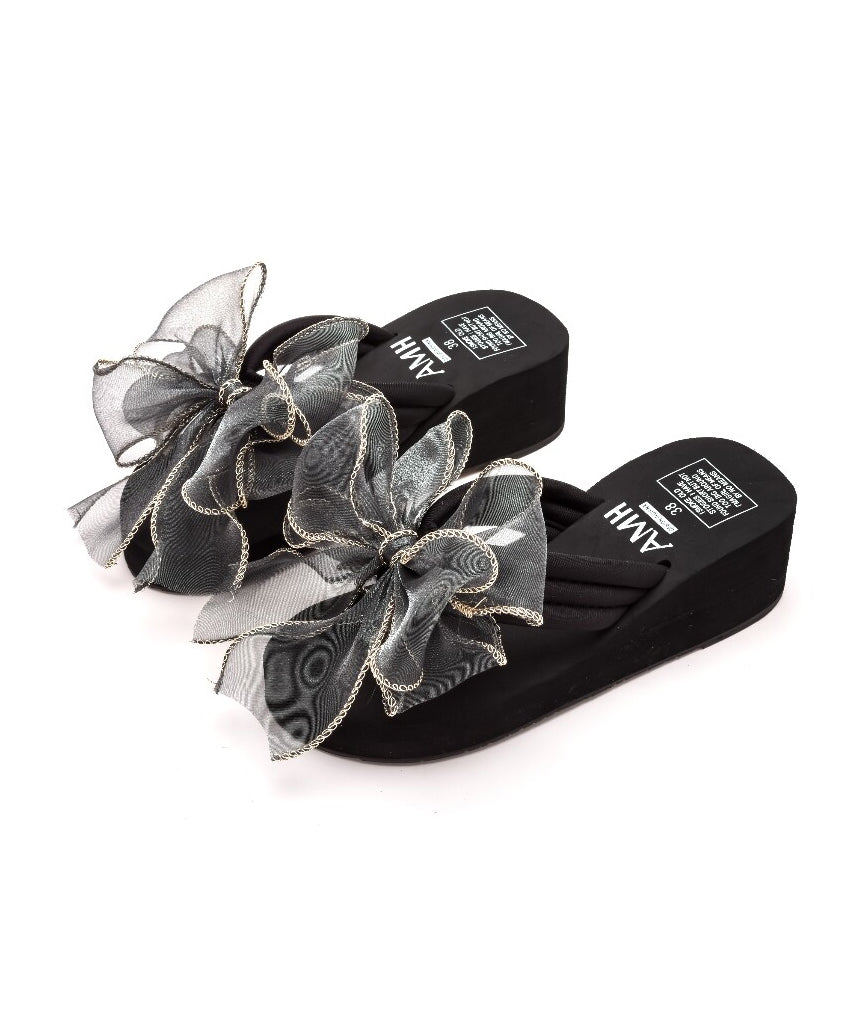 Kvinnors Kilklack Flip Flops med Tyllrosett 4