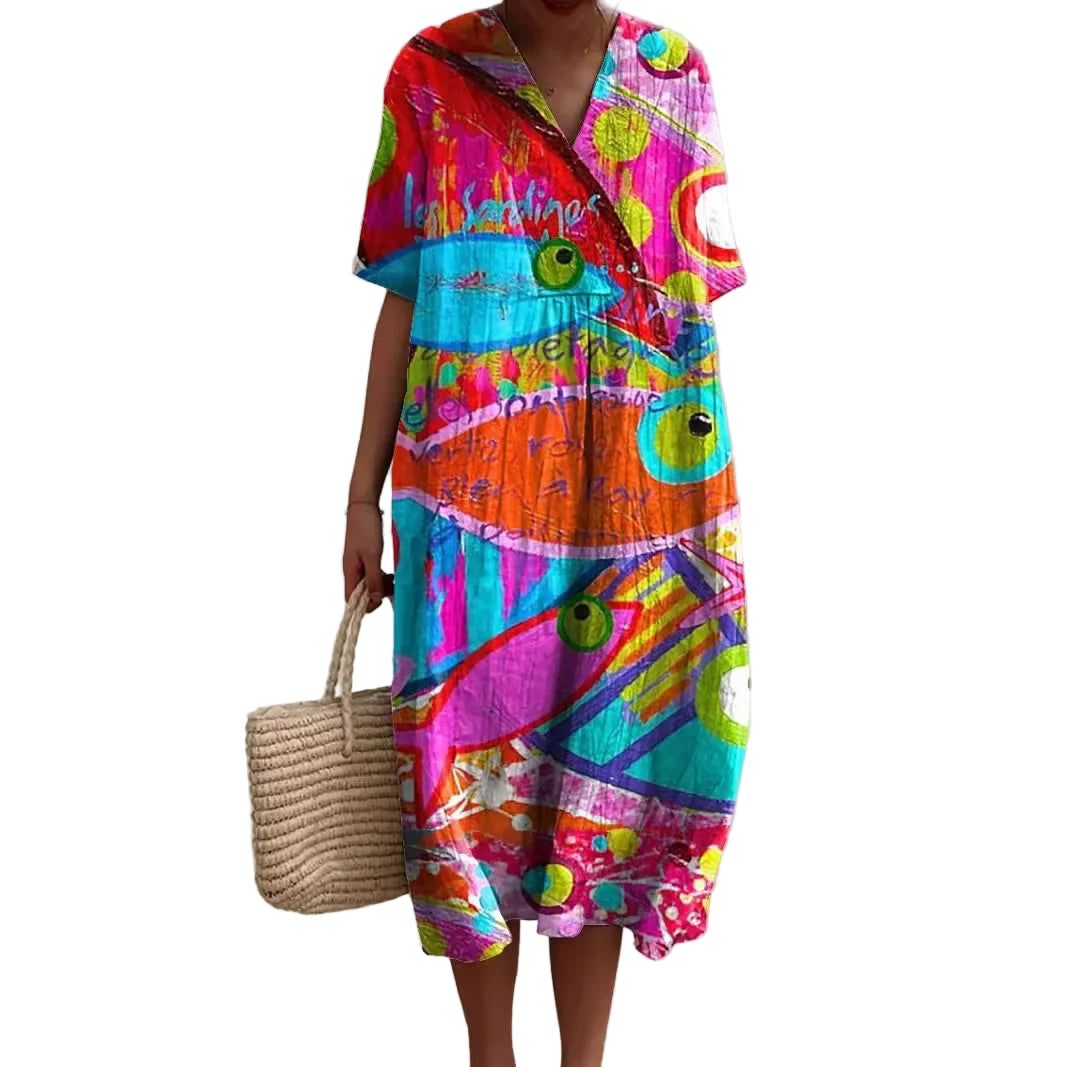 Kvinnors Klänning Kortärmad Plus Size Med Fickor Marin Mönster Lätt Material 0