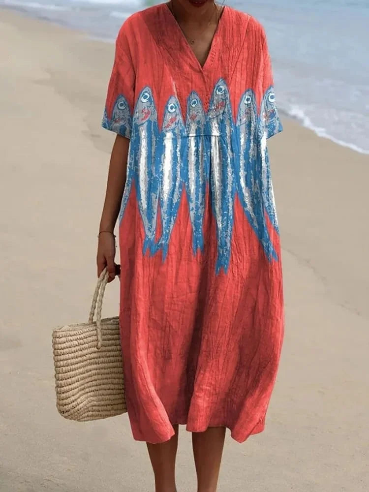 Kvinnors Klänning Kortärmad Plus Size Med Fickor Marin Mönster Lätt Material 12