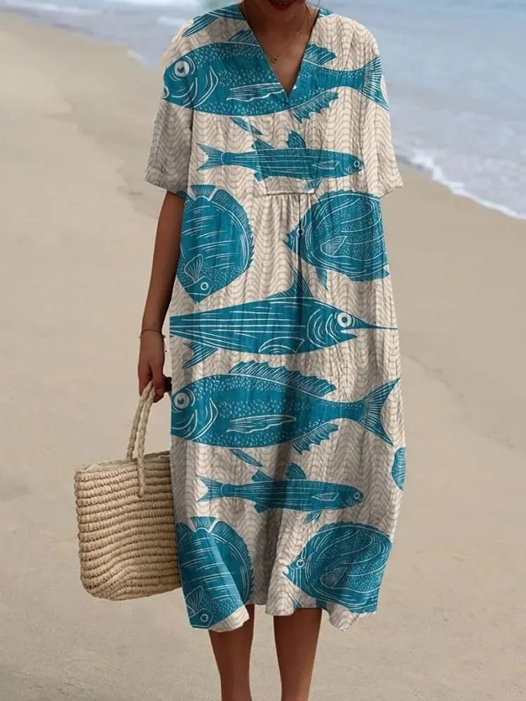 Kvinnors Klänning Kortärmad Plus Size Med Fickor Marin Mönster Lätt Material 16