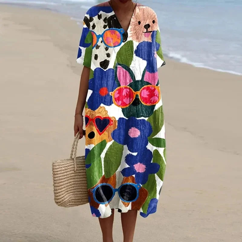 Kvinnors Klänning Kortärmad Plus Size Med Fickor Marin Mönster Lätt Material 21