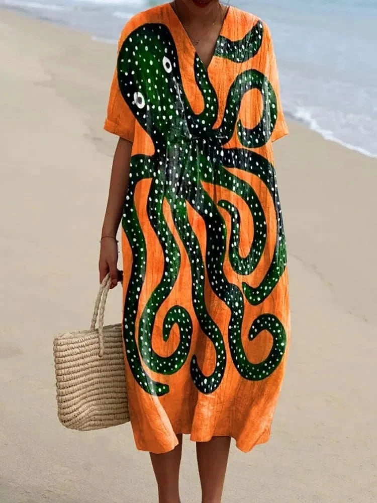 Kvinnors Klänning Kortärmad Plus Size Med Fickor Marin Mönster Lätt Material 24