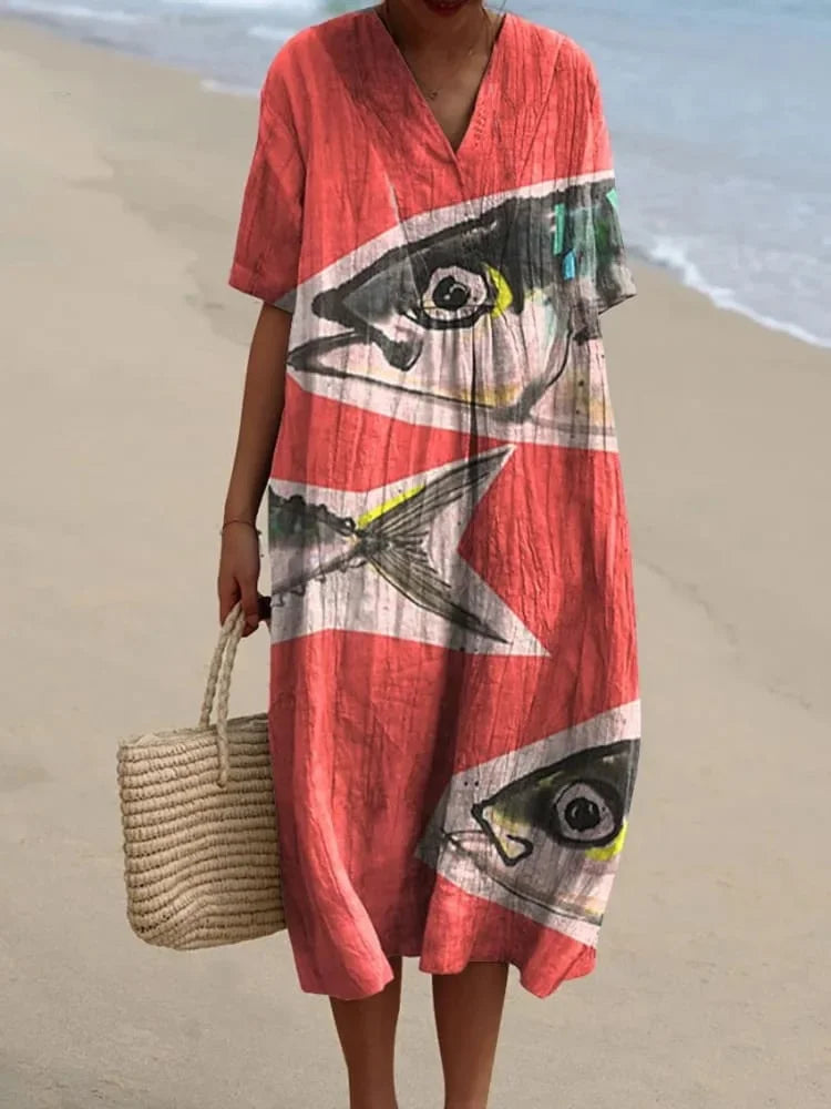 Kvinnors Klänning Kortärmad Plus Size Med Fickor Marin Mönster Lätt Material 25