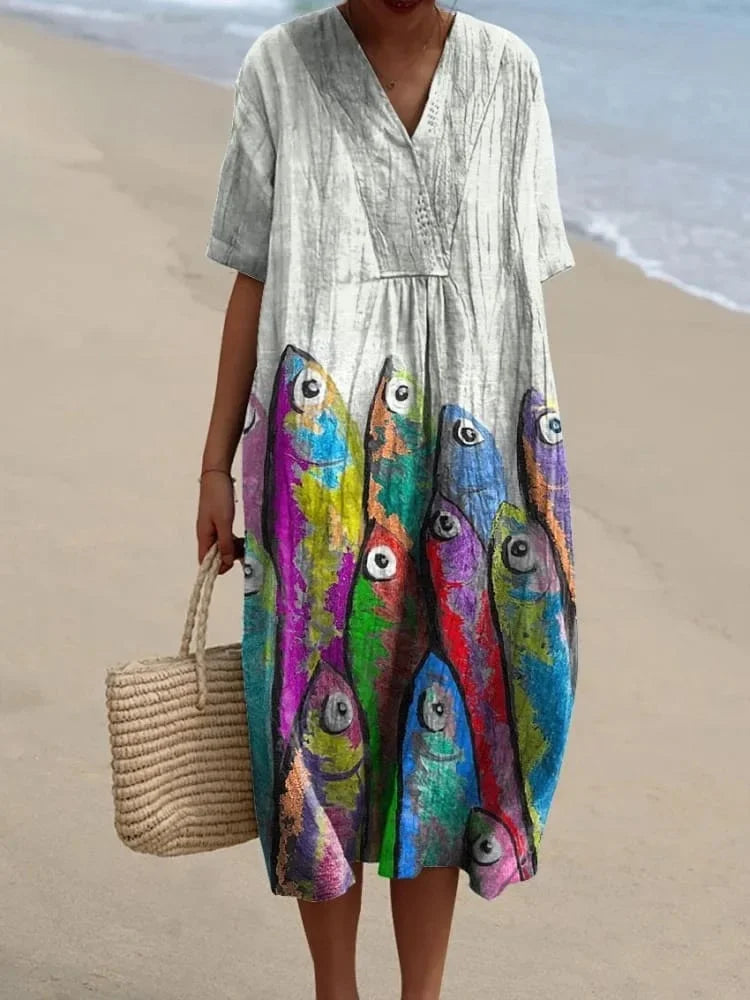 Kvinnors Klänning Kortärmad Plus Size Med Fickor Marin Mönster Lätt Material 26