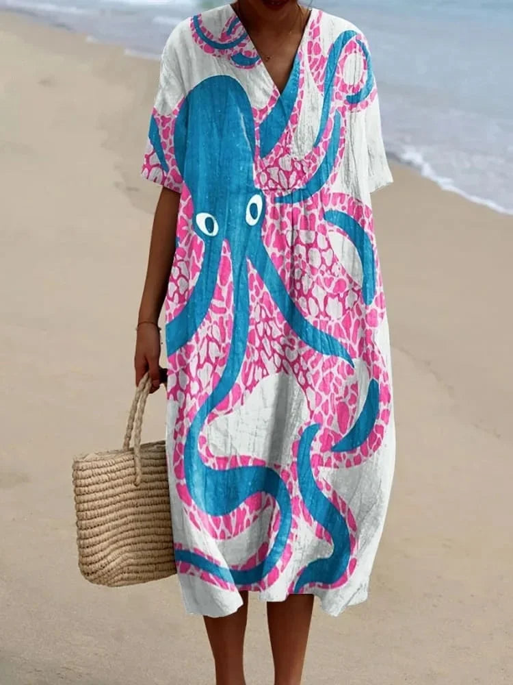 Kvinnors Klänning Kortärmad Plus Size Med Fickor Marin Mönster Lätt Material 27