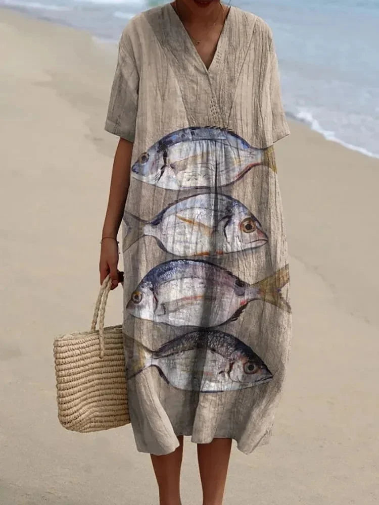 Kvinnors Klänning Kortärmad Plus Size Med Fickor Marin Mönster Lätt Material 28