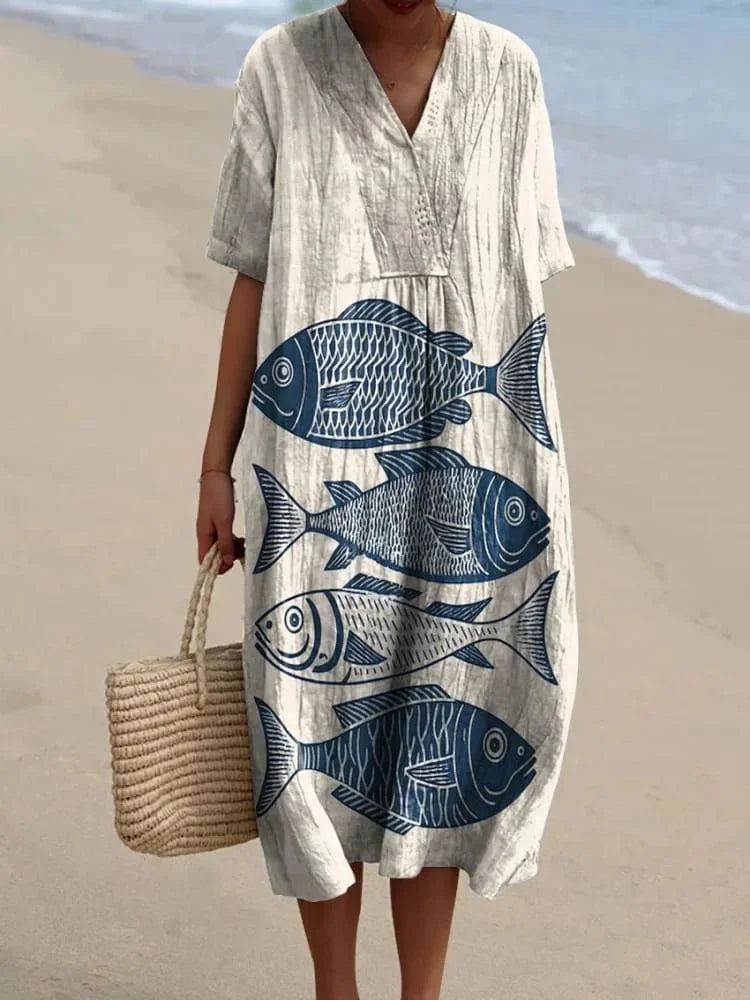 Kvinnors Klänning Kortärmad Plus Size Med Fickor Marin Mönster Lätt Material 30