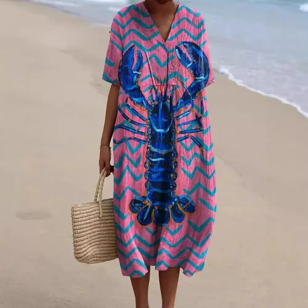 Kvinnors Klänning Kortärmad Plus Size Med Fickor Marin Mönster Lätt Material 4