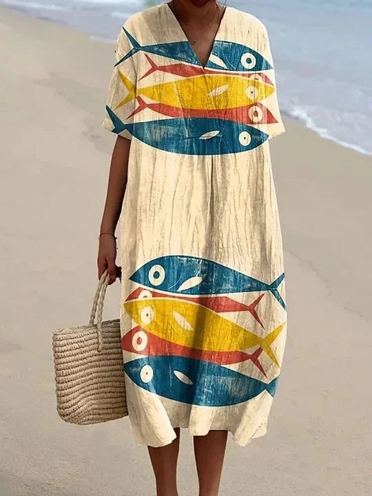 Kvinnors Klänning Kortärmad Plus Size Med Fickor Marin Mönster Lätt Material 6