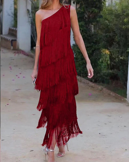 Kvinnors Klänning med Öppna Axlar och Fransar 4
