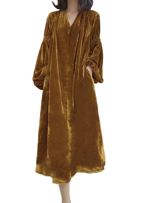 Kvinnors Klänning med Puffärmar och Fickor i Velour 0