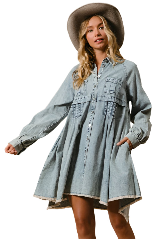 Kvinnors Knappklänning i Ljus Denim 0