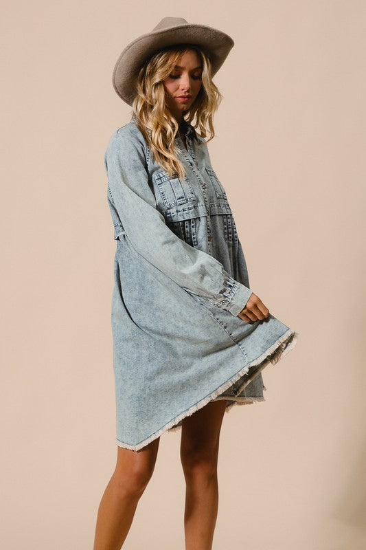 Kvinnors Knappklänning i Ljus Denim 3