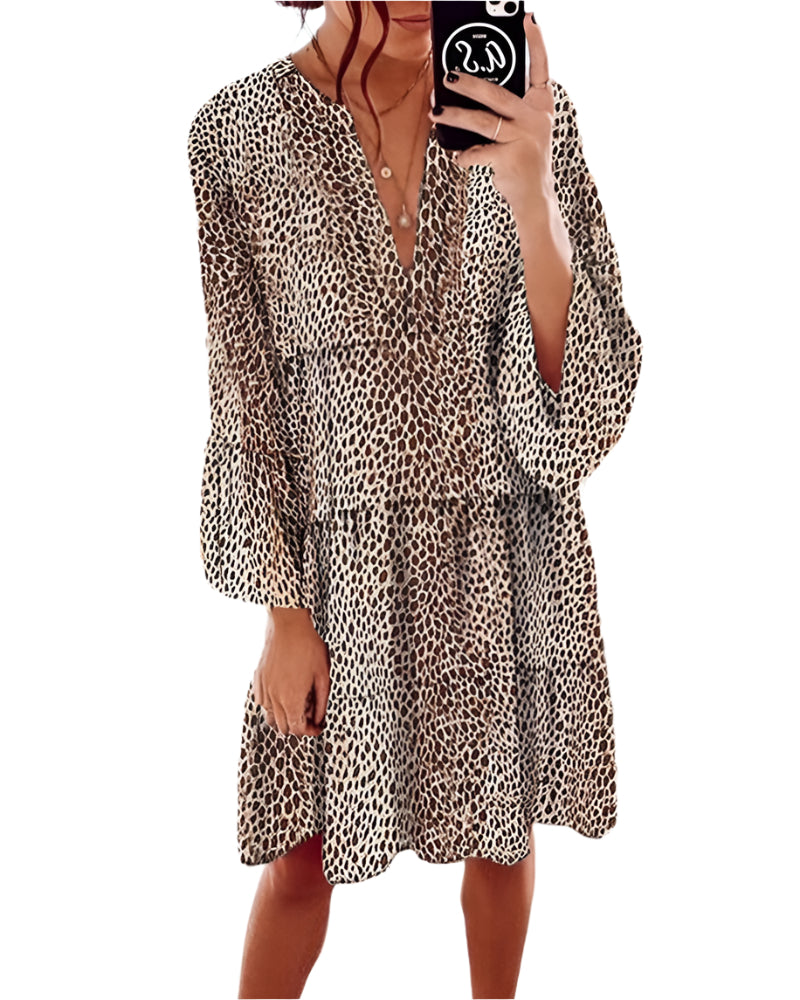 Kvinnors Knielång Klänning med Leopardsmönster och V-Ausschnitt 0