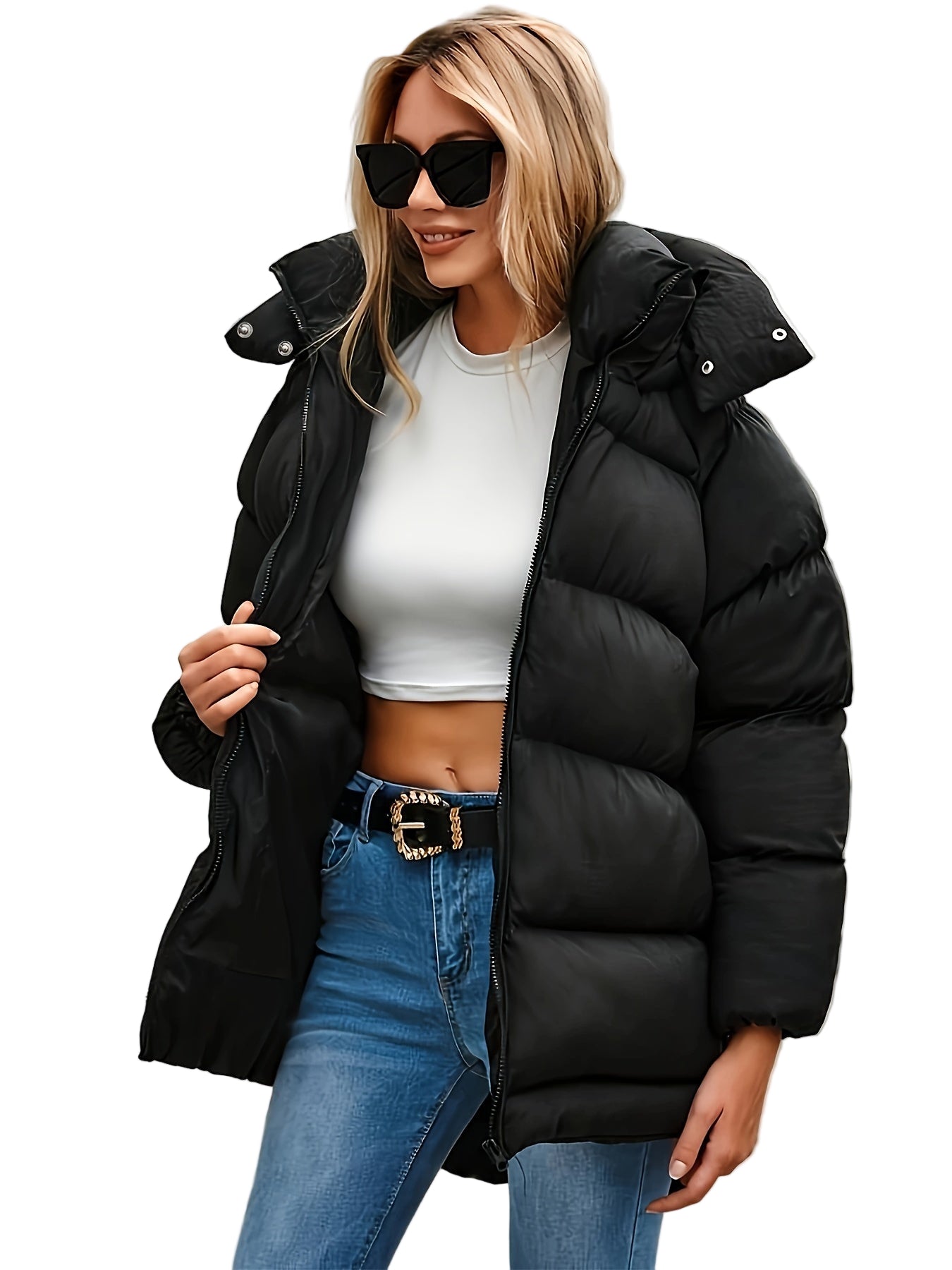 Kvinnors Kort Pufferjacka Med Huva 0