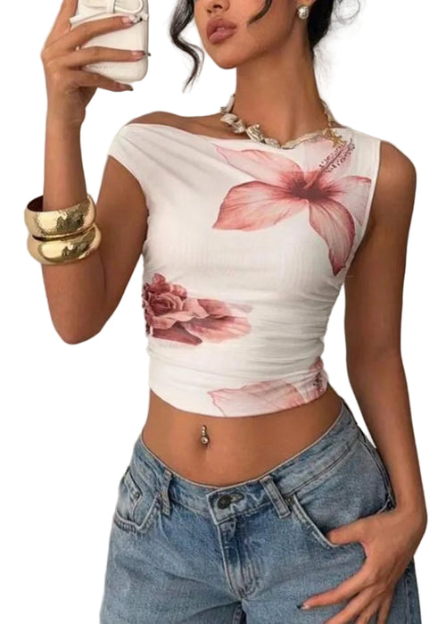 Kvinnors Korta Toppar Blommiga Med Slash Neck 0