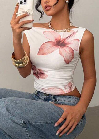 Kvinnors Korta Toppar Blommiga Med Slash Neck 1