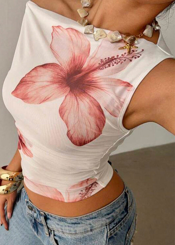 Kvinnors Korta Toppar Blommiga Med Slash Neck 2