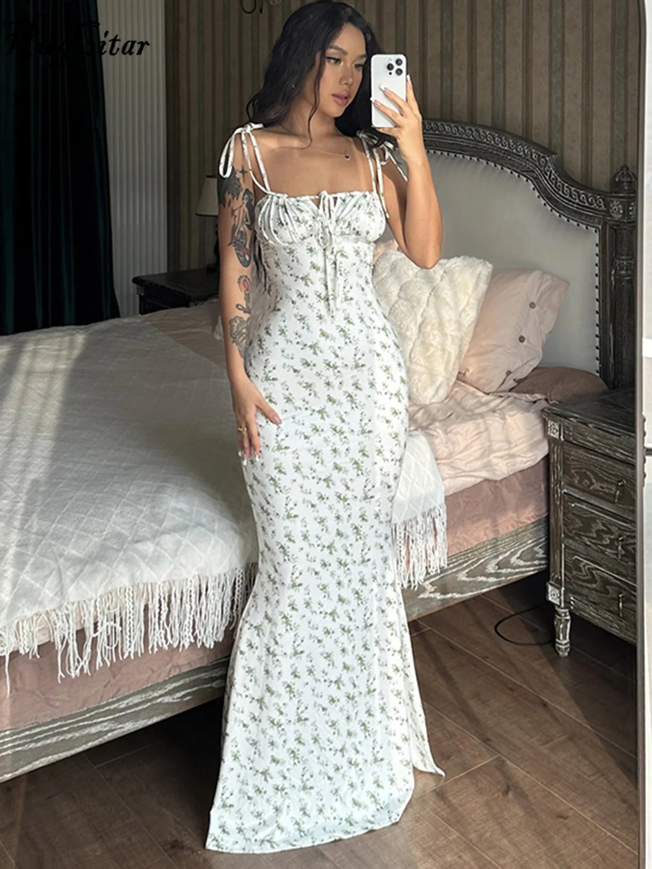 Kvinnors Lång Klänning Blommönster 4