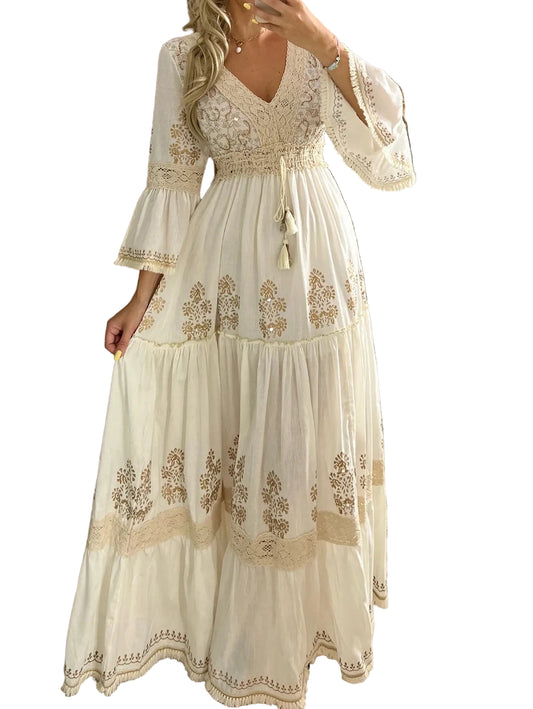 Kvinnors Lång Klänning Boho Stil Med Blommönster V-Ringning 0