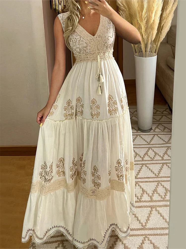 Kvinnors Lång Klänning Boho Stil Med Blommönster V-Ringning 2