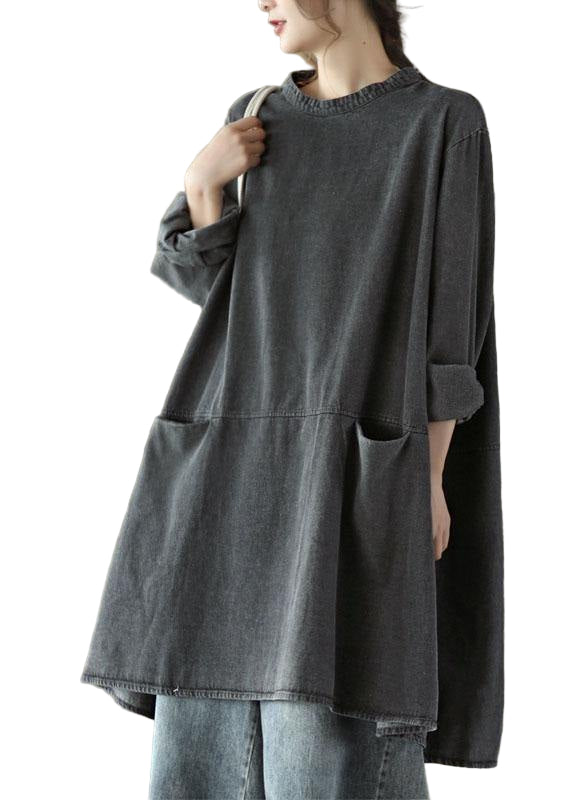 Kvinnors Lång Klänning i Denim med O-Hals och Fickor 0