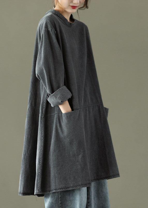 Kvinnors Lång Klänning i Denim med O-Hals och Fickor 2