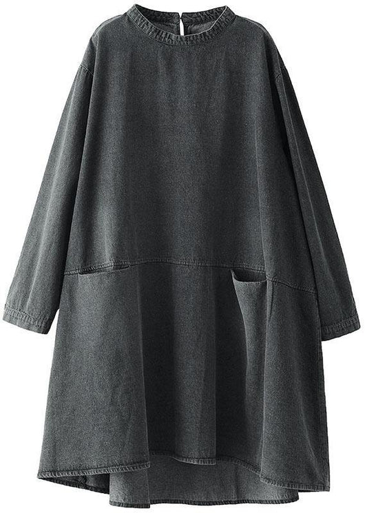 Kvinnors Lång Klänning i Denim med O-Hals och Fickor 4