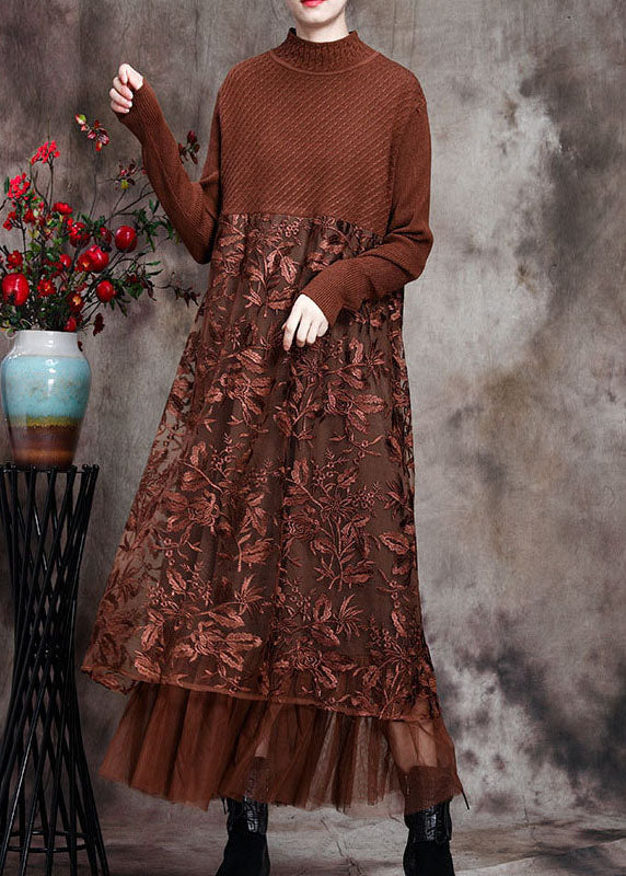 Kvinnors Lång Klänning med Broderad O-Neck 1