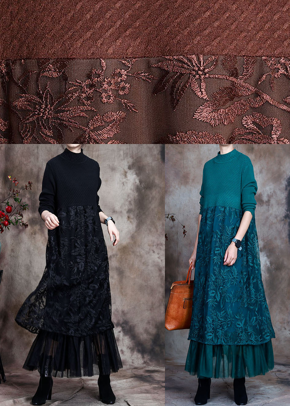 Kvinnors Lång Klänning med Broderad O-Neck 4
