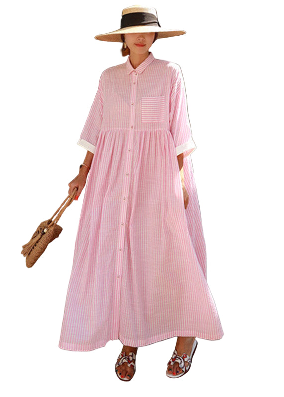 Kvinnors Lång Klänning med Peter Pan Krage och Ränder 0