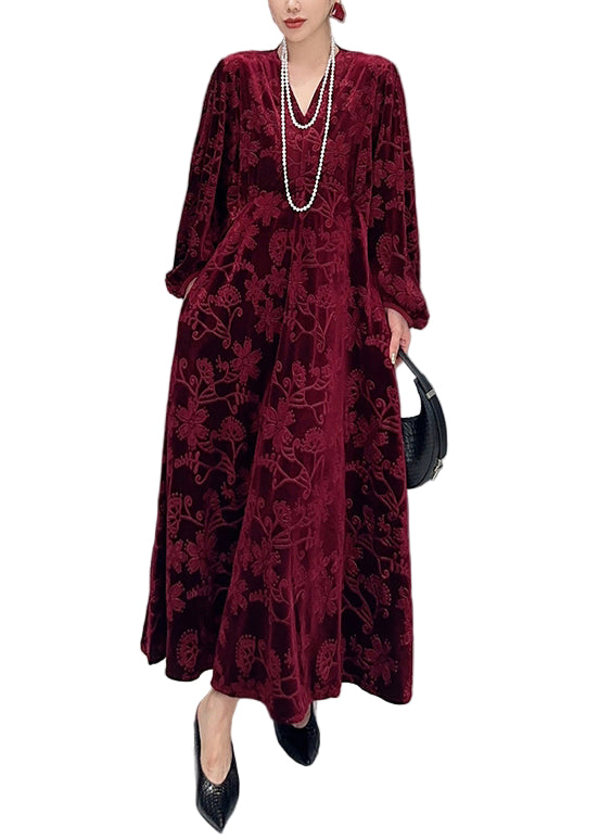 Kvinnors Lång Klänning med V-hals och Fickor 0