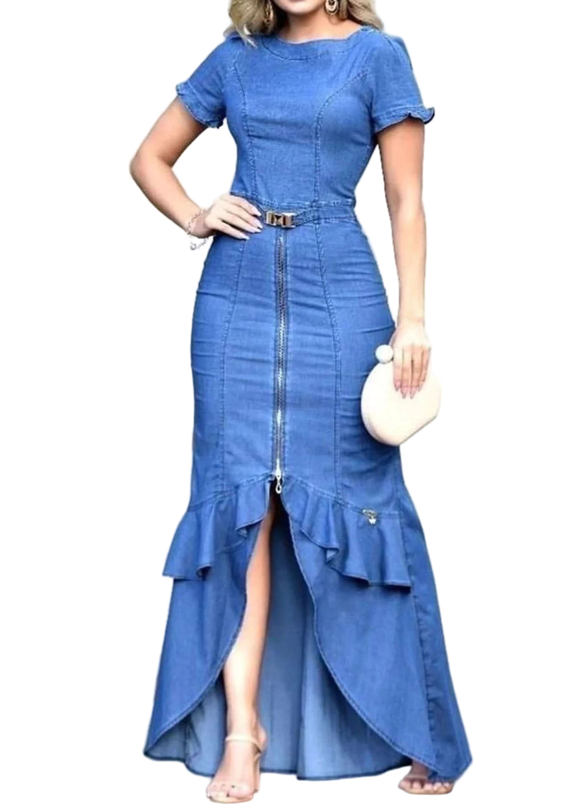 Kvinnors Lång Klänning med Volang och Dragkedja 0