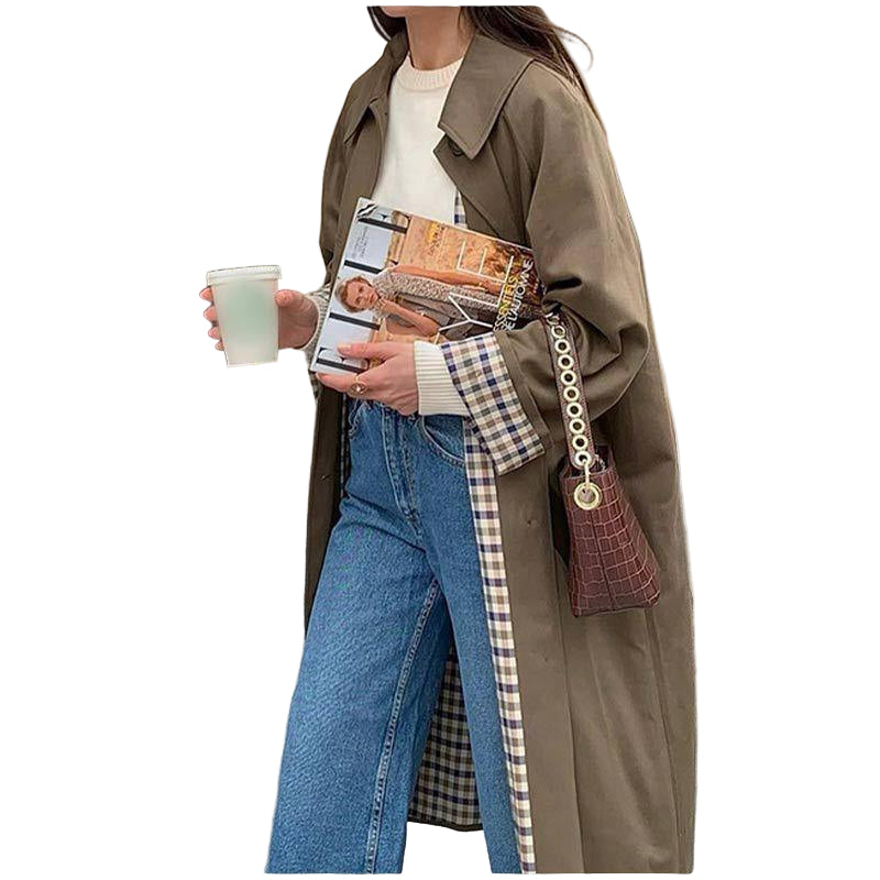 Kvinnors Lång Trenchcoat Rutmönstrad 0