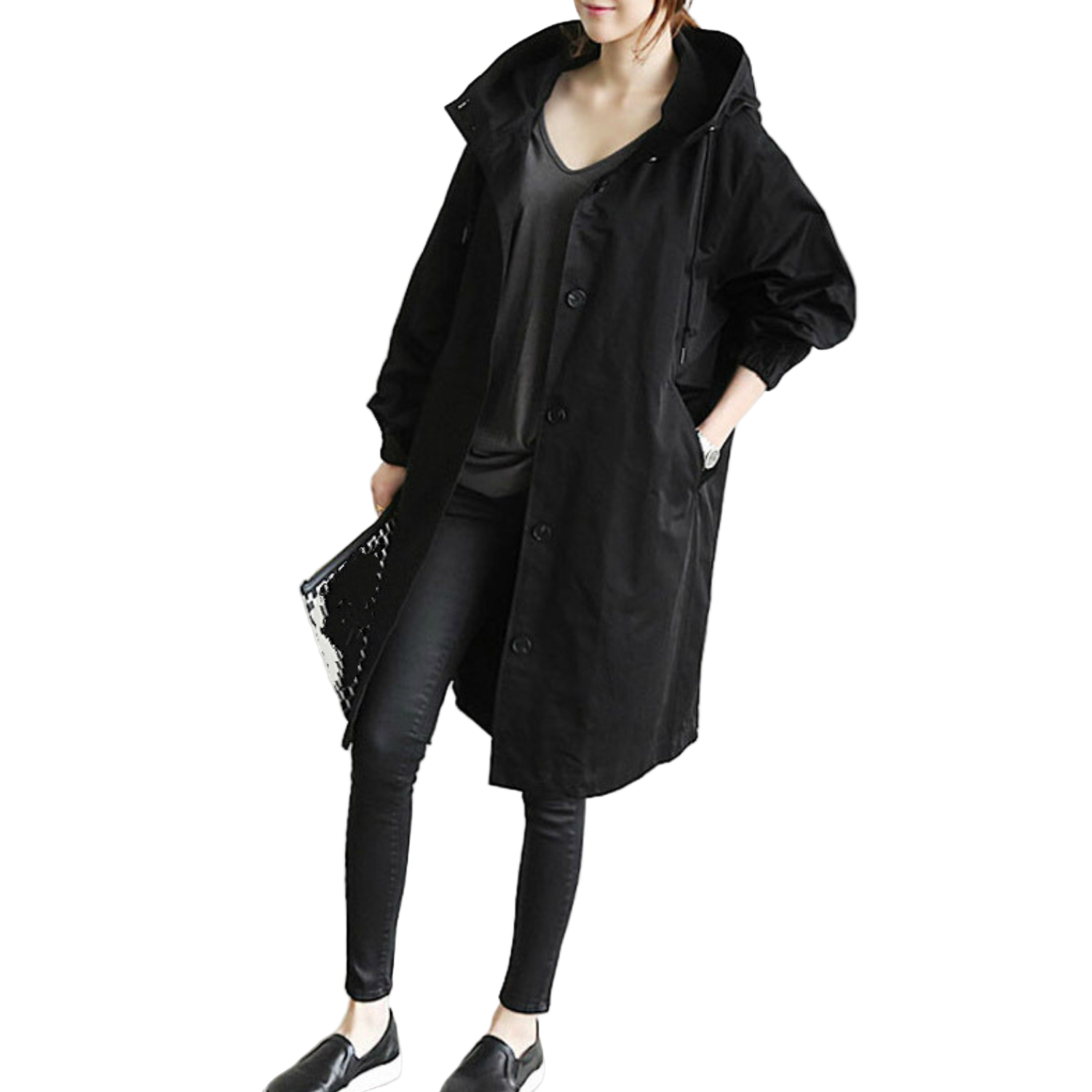 Kvinnors Lång Trenchcoat med Huva och Justerbar Midja 0