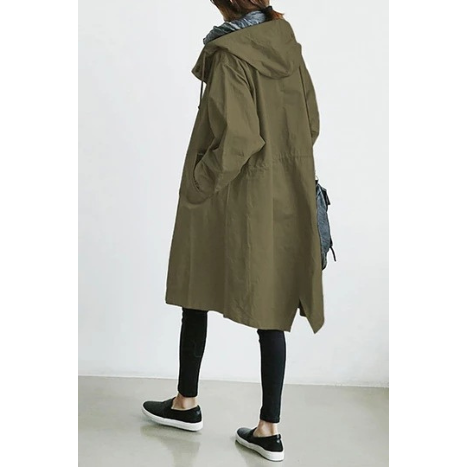 Kvinnors Lång Trenchcoat med Huva och Justerbar Midja 3